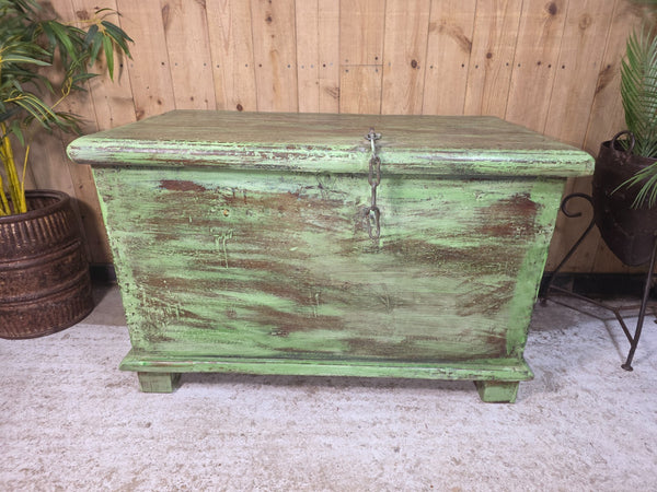 Antique Indian Colonial Rustic Solid Wooden Merchants Trunk Chest Storage Box