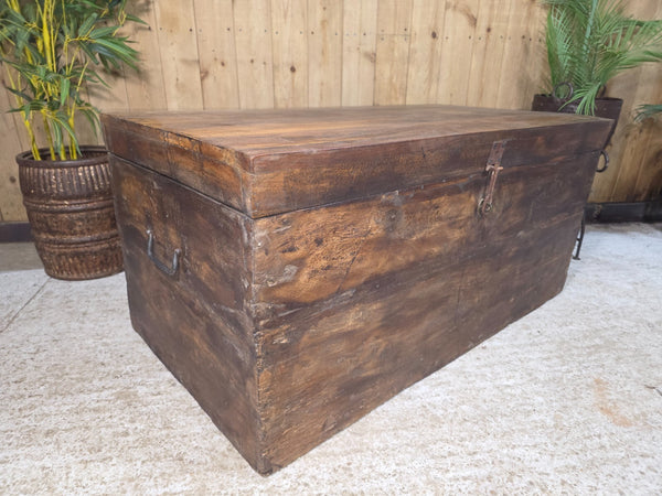 Vintage Reclaimed Rustic Indian Solid Wooden Blanket Box Chest Trunk Ottoman