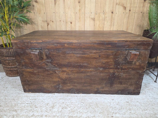 Vintage Reclaimed Rustic Indian Solid Wooden Blanket Box Chest Trunk Ottoman