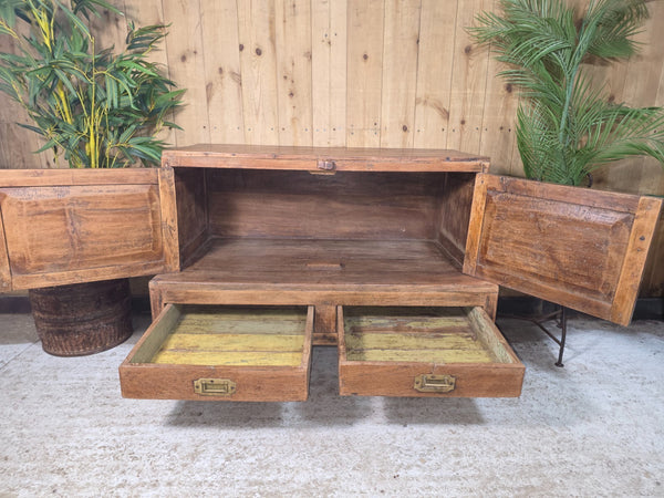 Antique Indian Colonial Rustic Teak Wooden Tv Unit Display Stand Console Table