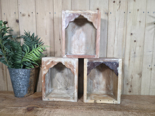 Vintage Rustic Reclaimed Indian Wooden Arched Temple Shelf Wall Display Shelves