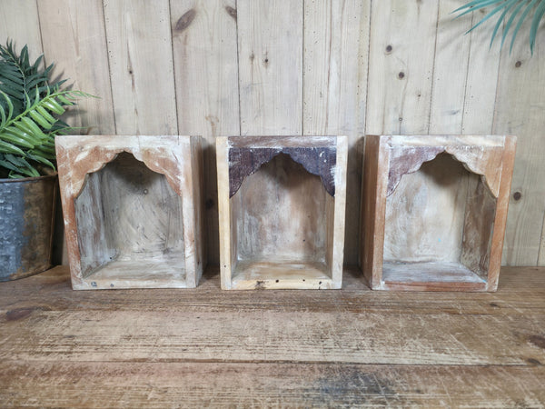 Vintage Rustic Reclaimed Indian Wooden Arched Temple Shelf Wall Display Shelves