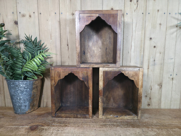 Vintage Rustic Reclaimed Indian Wooden Arched Temple Shelf Wall Display Shelves