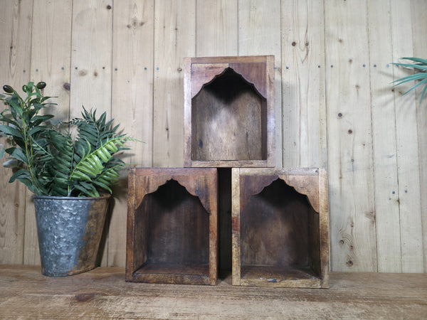 Vintage Rustic Reclaimed Indian Wooden Arched Temple Shelf Wall Display Shelves