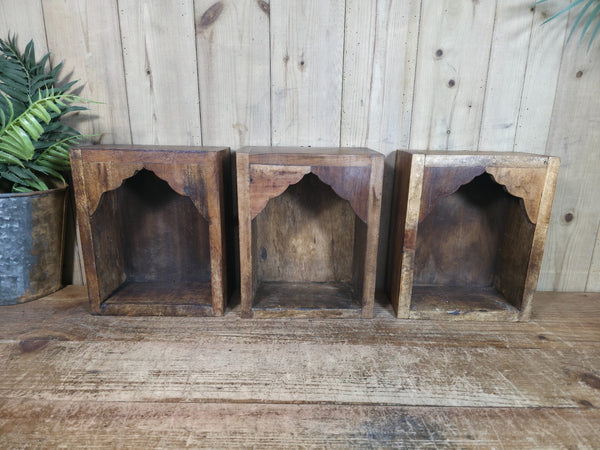 Vintage Rustic Reclaimed Indian Wooden Arched Temple Shelf Wall Display Shelves