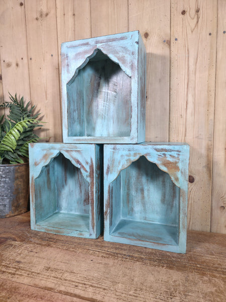 Vintage Rustic Reclaimed Indian Wooden Arched Temple Shelf Wall Display Shelves
