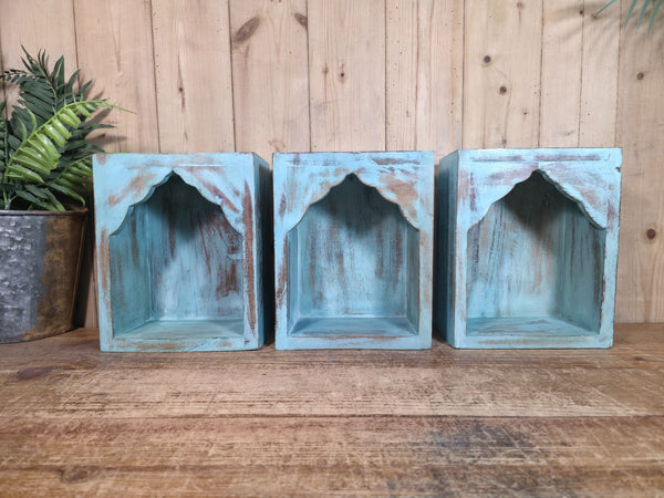 Vintage Rustic Reclaimed Indian Wooden Arched Temple Shelf Wall Display Shelves