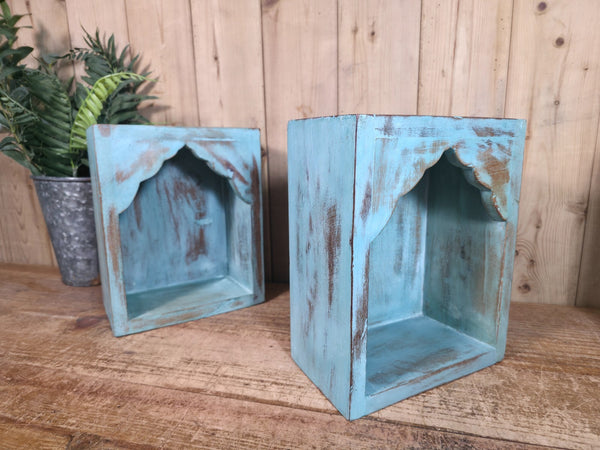 Vintage Rustic Reclaimed Indian Wooden Arched Temple Shelf Wall Display Shelves