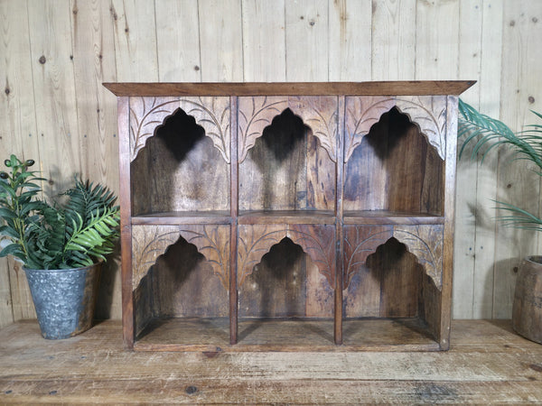 Vintage Reclaimed Indian Carved Wooded Arched Temple Wall Display Shelf Shelves