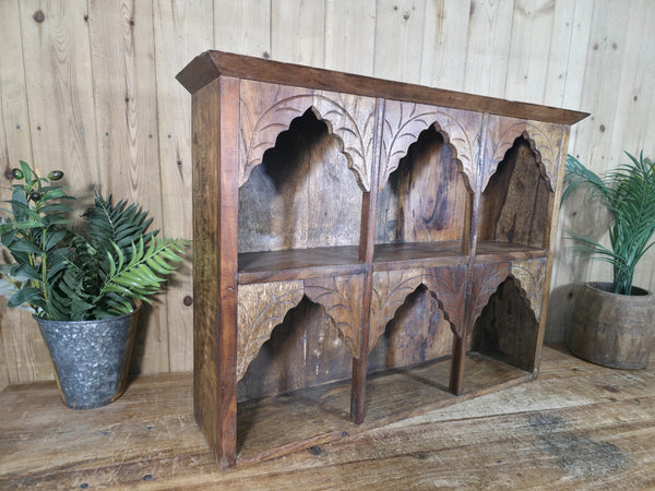 Vintage Reclaimed Indian Carved Wooded Arched Temple Wall Display Shelf Shelves