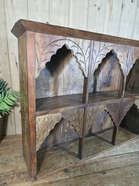 Vintage Reclaimed Indian Carved Wooded Arched Temple Wall Display Shelf Shelves