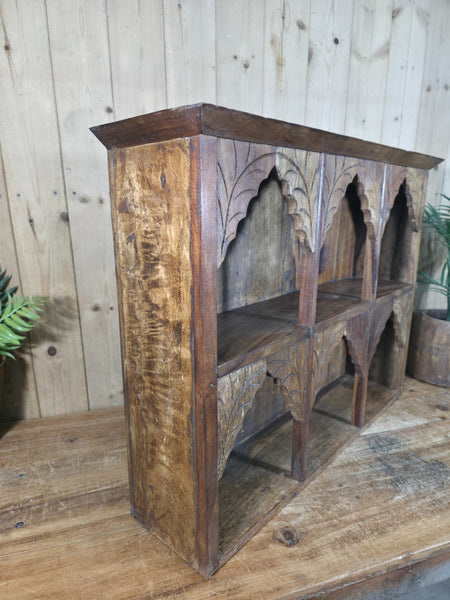 Vintage Reclaimed Indian Carved Wooded Arched Temple Wall Display Shelf Shelves