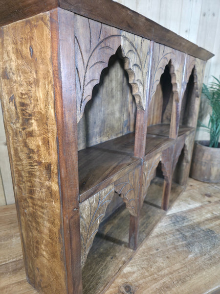 Vintage Reclaimed Indian Carved Wooded Arched Temple Wall Display Shelf Shelves