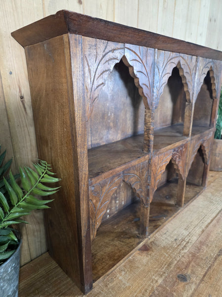 Vintage Reclaimed Indian Carved Wooded Arched Temple Wall Display Shelf Shelves