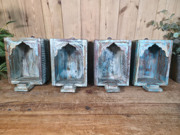 Vintage Rustic Reclaimed Indian Wooden Arched Temple Shelf Wall Display Shelves