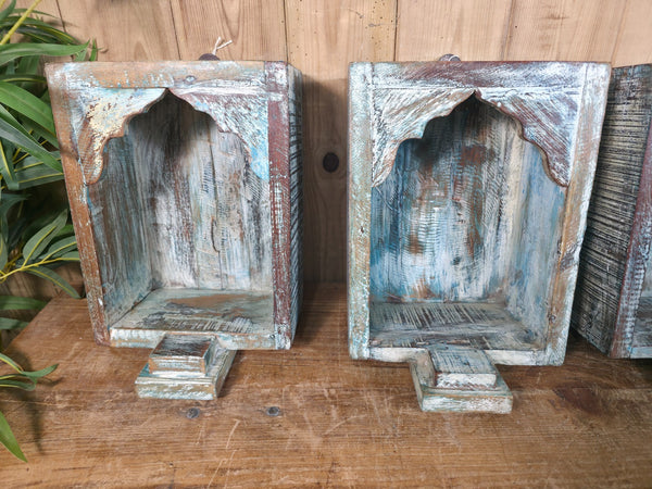 Vintage Rustic Reclaimed Indian Wooden Arched Temple Shelf Wall Display Shelves
