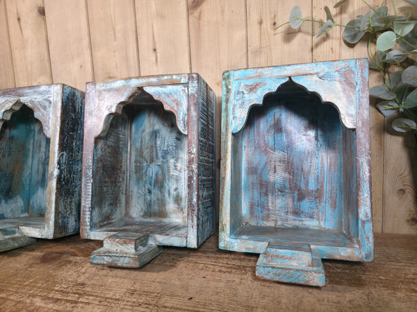 Vintage Rustic Reclaimed Indian Wooden Arched Temple Shelf Wall Display Shelves