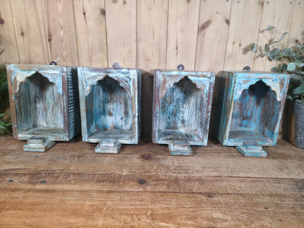 Vintage Rustic Reclaimed Indian Wooden Arched Temple Shelf Wall Display Shelves