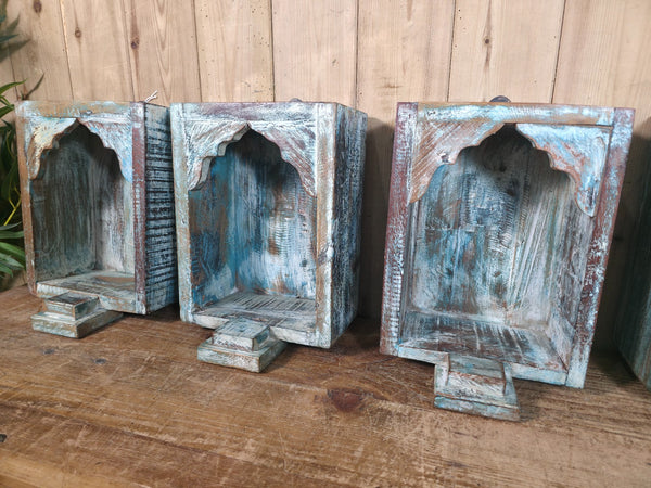 Vintage Rustic Reclaimed Indian Wooden Arched Temple Shelf Wall Display Shelves