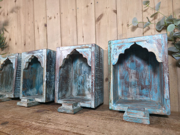 Vintage Rustic Reclaimed Indian Wooden Arched Temple Shelf Wall Display Shelves