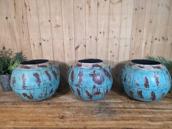 Vintage Reclaimed Rustic Hand Made Blue Riveted Iron Ball Garden Planter Pot