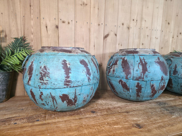 Vintage Reclaimed Rustic Hand Made Blue Riveted Iron Ball Garden Planter Pot