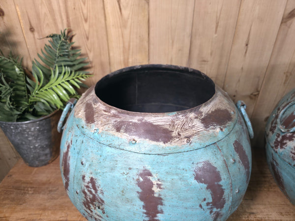 Vintage Reclaimed Rustic Hand Made Blue Riveted Iron Ball Garden Planter Pot