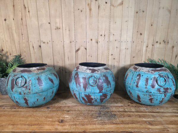 Vintage Reclaimed Rustic Hand Made Blue Riveted Iron Ball Garden Planter Pot