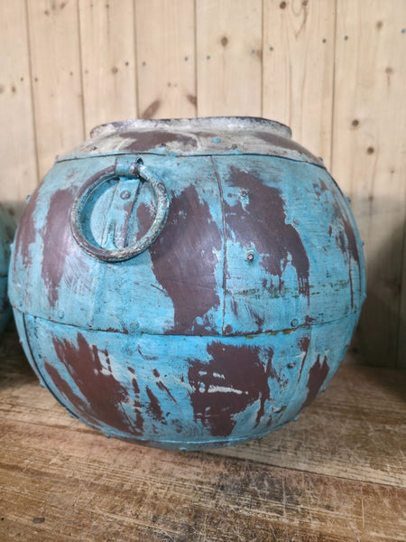 Vintage Reclaimed Rustic Hand Made Blue Riveted Iron Ball Garden Planter Pot