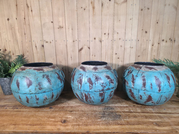 Vintage Reclaimed Rustic Hand Made Blue Riveted Iron Ball Garden Planter Pot