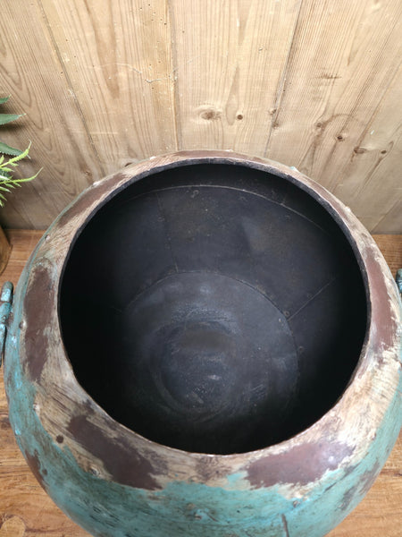 Vintage Reclaimed Rustic Hand Made Blue Riveted Iron Ball Garden Planter Pot