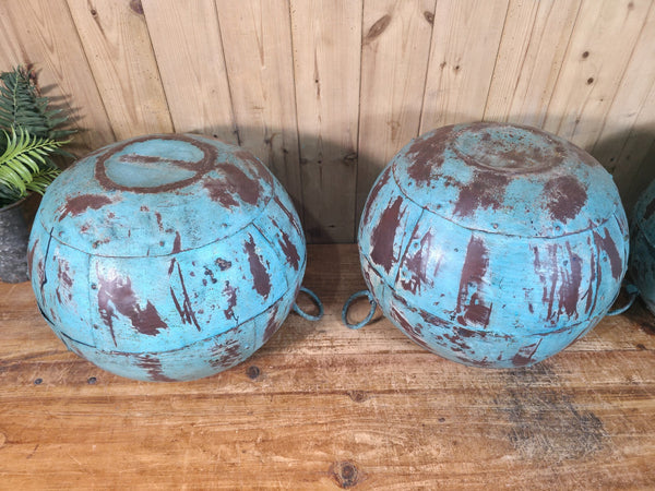 Vintage Reclaimed Rustic Hand Made Blue Riveted Iron Ball Garden Planter Pot