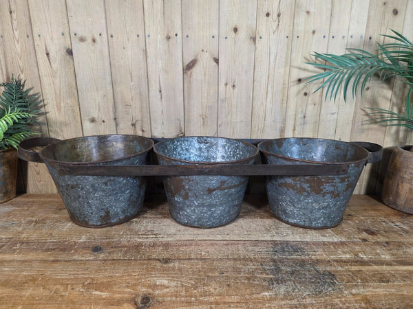 Rustic Reclaimed Hand Made Galvanised Metal Triple Pot Garden Planter