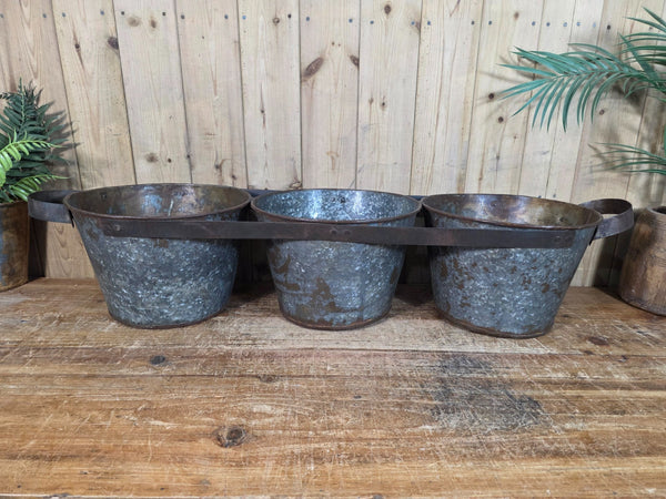 Rustic Reclaimed Hand Made Galvanised Metal Triple Pot Garden Planter