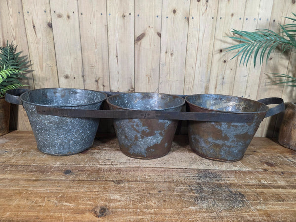 Rustic Reclaimed Hand Made Galvanised Metal Triple Pot Garden Planter