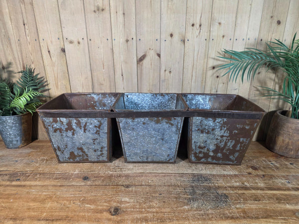Large Rustic Reclaimed Hand Made Galvanised Metal Triple Pot Garden Planter