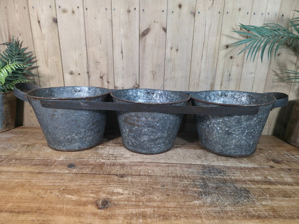 Rustic Reclaimed Hand Made Galvanised Metal Triple Pot Garden Planter