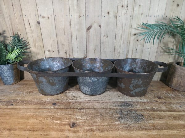 Rustic Reclaimed Hand Made Galvanised Metal Triple Pot Garden Planter