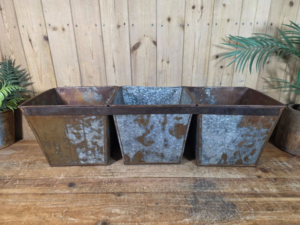 Large Rustic Reclaimed Hand Made Galvanised Metal Triple Pot Garden Planter
