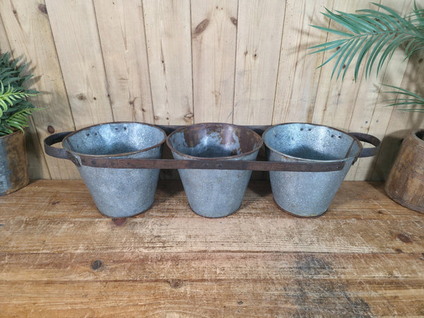 Rustic Reclaimed Hand Made Galvanised Metal Triple Pot Garden Planter