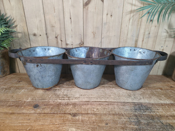 Rustic Reclaimed Hand Made Galvanised Metal Triple Pot Garden Planter