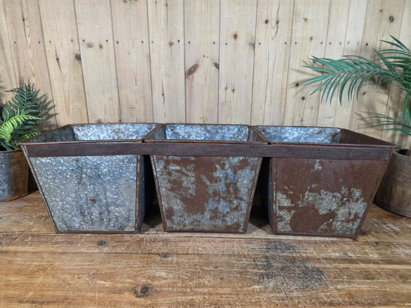 Large Rustic Reclaimed Hand Made Galvanised Metal Triple Pot Garden Planter