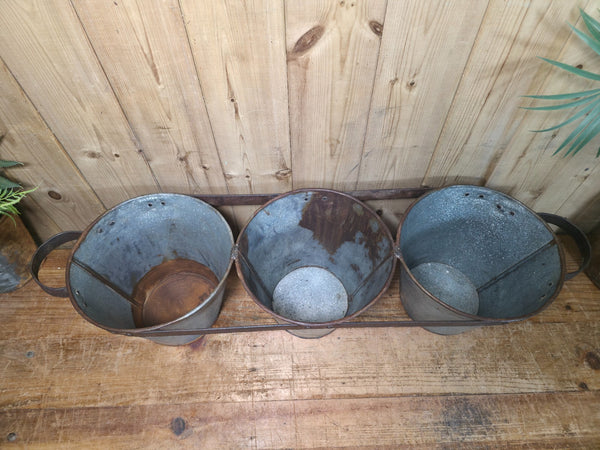 Rustic Reclaimed Hand Made Galvanised Metal Triple Pot Garden Planter