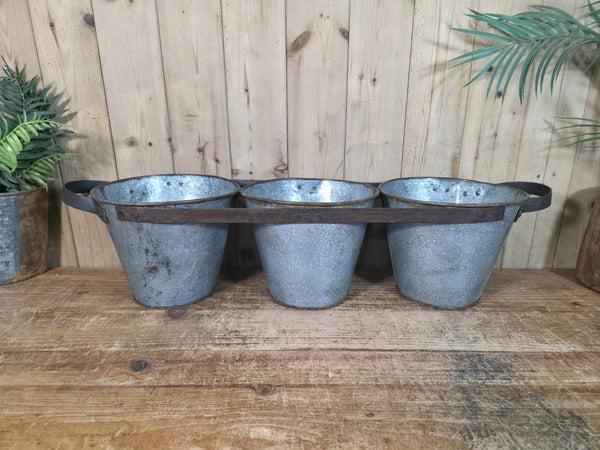 Rustic Reclaimed Hand Made Galvanised Metal Triple Pot Garden Planter
