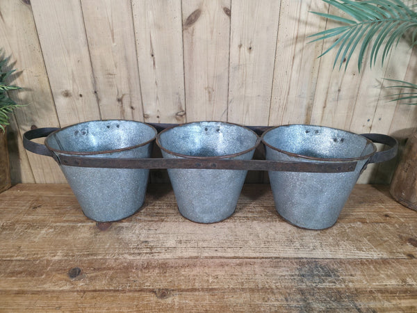 Rustic Reclaimed Hand Made Galvanised Metal Triple Pot Garden Planter
