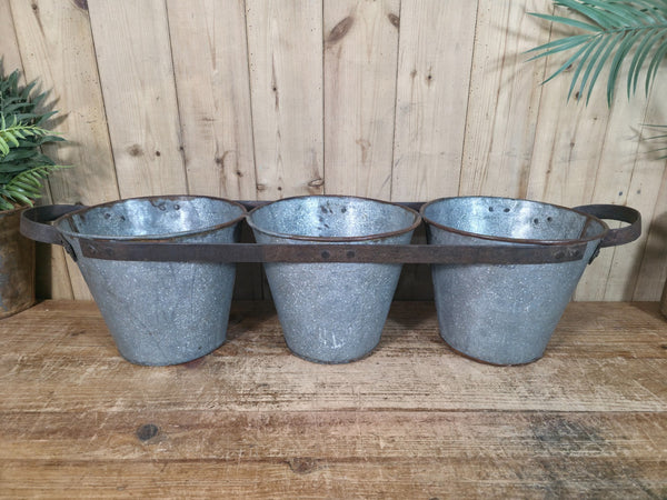 Rustic Reclaimed Hand Made Galvanised Metal Triple Pot Garden Planter