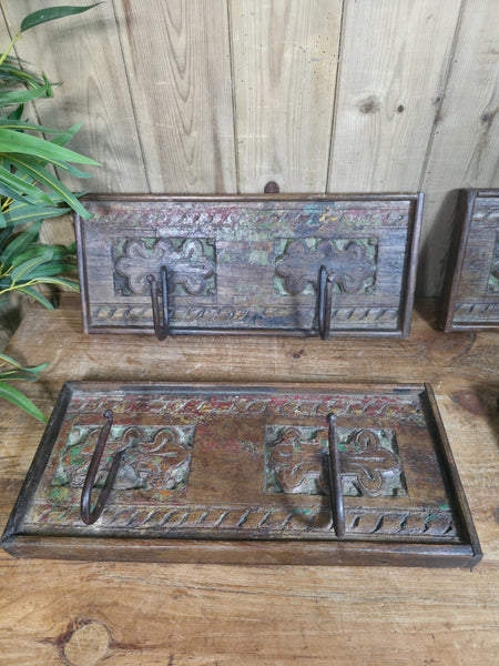 Vintage Rustic Hand Carved Reclaimed Indian Wooden Coat Hooks
