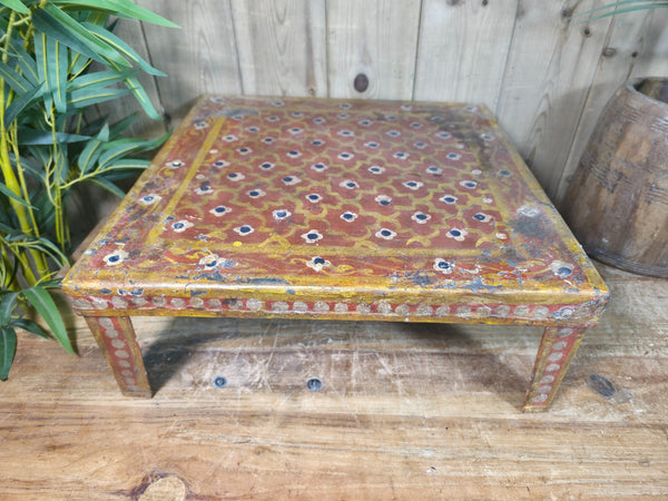 Vintage Indian Hand Painted Low Metal Bajot Coffee Side Table Plant Stand