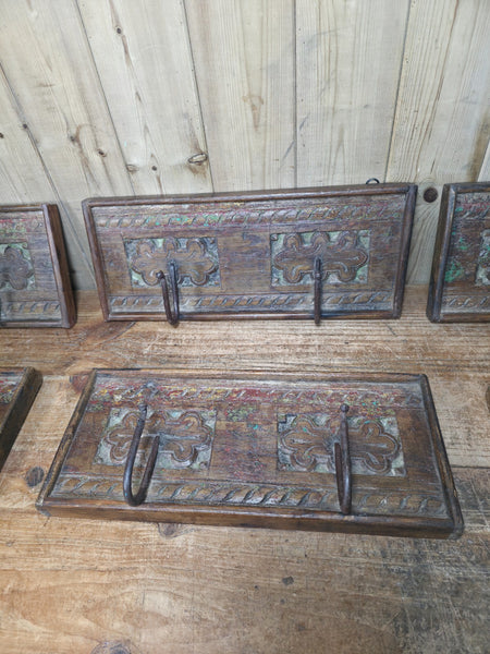 Vintage Rustic Hand Carved Reclaimed Indian Wooden Coat Hooks