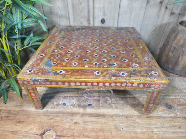 Vintage Indian Hand Painted Low Metal Bajot Coffee Side Table Plant Stand